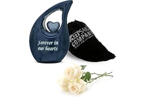 KEEPSAKE COMPANY Tropfenförmige kleine Urnen für menschliche Asche, Mini-Urne mit himmelblauem Herz, Kremationsandenken für Asche, mit hochwertigem Samtbeutel, blau mit himmelblauem Herz