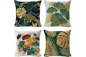 HIQE-FL Federe Cuscini Divano 45x45cm,Federe Cuscini Divano,Federa per Divano in Cotone e Lino,Ottanio Oro Ginkgo Decor,per Soggiorno Divano Camera da Letto,Decorazione della Casa Set di 4