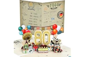 Joyoldelf 80. Kartka urodzinowa, prezent z roku 1944, kartka z życzeniami typu pop-up, kartka 3D, kartka urodzinowa z kopertą, prezent urodzinowy dla mężczyzn i kobiet, na rocznicę