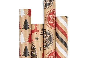 RUSPEPA Papel de Regalo Navideño, Papel Kraft - Rudolf, Rayas Y Árbol de Navidad - 4 Rollos - 76 cm X 305 cm Por Rollo