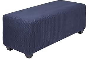 PiccoCasa High Stretch Ottoman Cover with Elastic Bottom, Soft Slipcover Jacquard Fabric Small Checks Rectangle Storage Stool Cover Furniture Covers Navy Blue Small