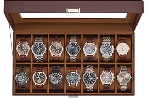 ProCase Caja Organizadora de Relojes 14 Ranuras, Estuche Joyero con Tapa de Cristal, Vitrina de Almacenamiento para Relojes, Pulseras y Joyas, Regalo Elegante para Hombres y Mujeres – Café