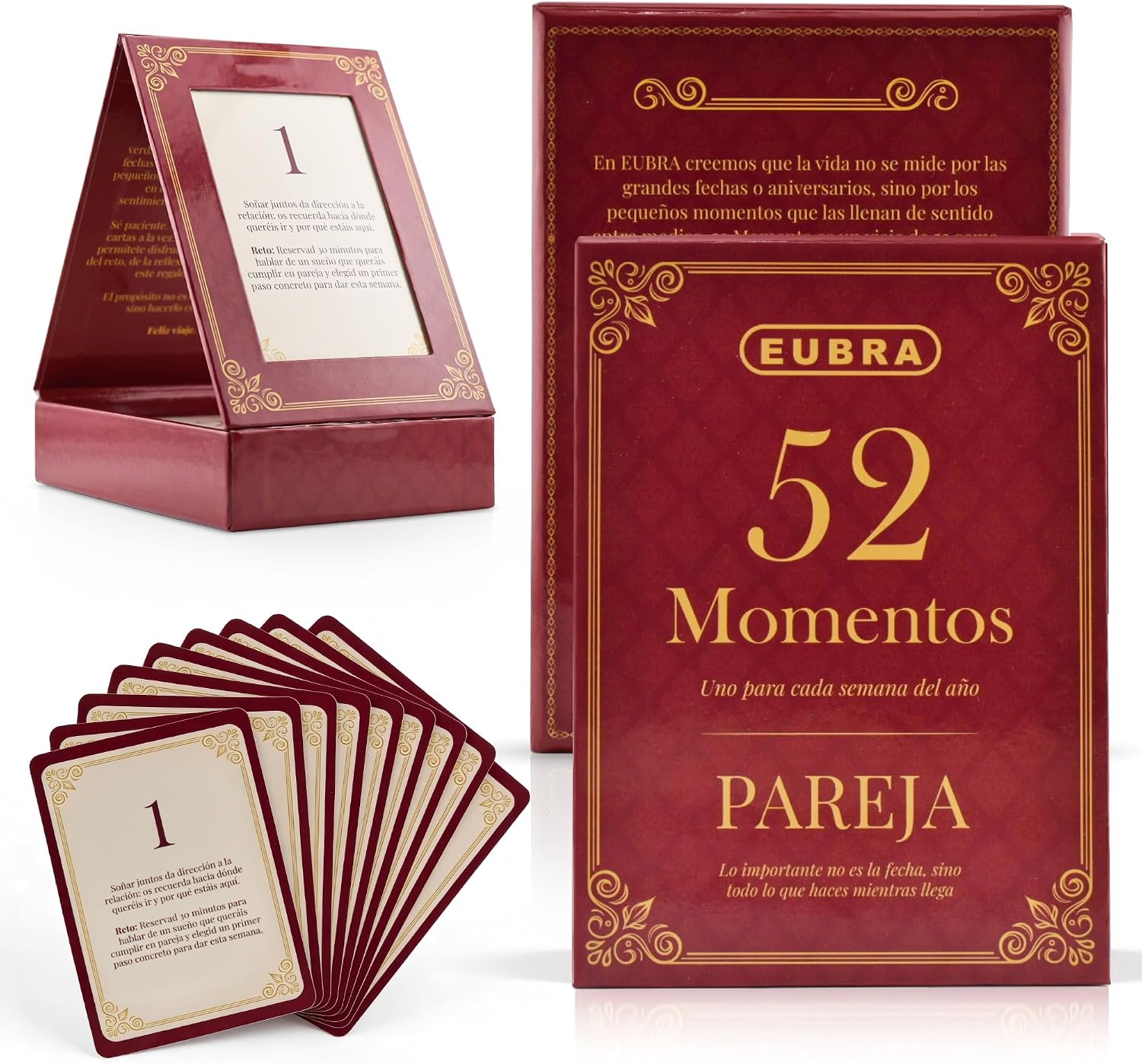 EUBRA 52 Momentos Pareja • Ritual Semanal 52 Tarjetas con Reflexiones y Retos • Caja Atril Decorativa • Regalo Original Aniversario Boda Matrimonio San Valentín Novios Hombre Mujer Amor Conexión