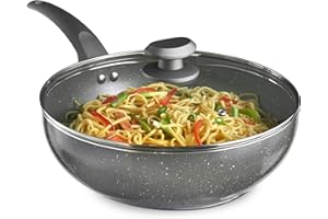 VonShef Non-Stick Wok, Induction Safe Non-Stick Frying Pan, Deep Aluminium Stir Fry Wok with Glass Lid & Stay Cool Handle, 28cm Diameter & Marble Finish