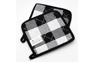 ASQUARE Set di Presine - 2 Pratiche Presine a Quadri in Cotone 100% Ecologico - Kitchen Pot Holders Bianco e Nero 20 x 20 cm