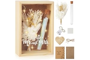 BUCOMTU Hochzeitsgeschenke für Brautpaare,Geldgeschenk Hochzeit,Mr und Mrs Geschenkbox inklusive Getrocknete Blumen,Holzbox,Kunststoff Reagenzglas,Lichterketten,Grußkarte,0.5m Seil,Hochzeitstag