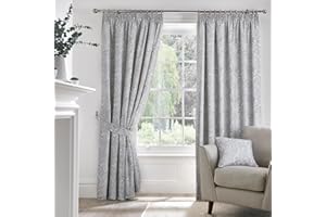 Dreams & Drapes Grey Jacobean Curtains W46 x L54" (117 x 137cm) - 2 Panels - 100% Cotton - 2 Tie Backs - Floral Pencil Pleat Drapes - Vintage Light Grey
