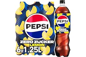 ‎PEPSI pepsi Zero Zucker Lemon, Das zuckerfreie Erfrischungsgetränk von Pepsi ohne Kalorien, Koffeinhaltige Cola mit Zitronengeschmack in der Flasche, EINWEG (6 x 1.25 l) (Verpackungsdesign kann abweichen)