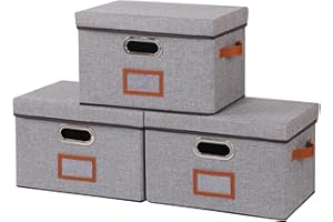 OUTBROS Aufbewahrungsbox mit Deckel und Griff, Faltbarer Aufbewahrungsbox aus Stoff Aufbewahrungskörbe mit Etikettentasche, 32 x 23 x 20 cm Grau 3 Stück