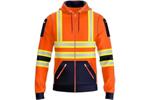 trending babz Mens Hi Vis Pullover Hoodie Reflective Tape Safety Work Drawstring Multi Zipped Pockets High Viz High Visibility Hoodie Sweatshirt