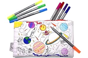 eatsleepdoodle Colouring Pencilcase for Kids w/ 10pk Washable Markers for Kids - 22x14cm Space Explorer Kids Colouring Pencilcase - Ultra Washable & Reusable Arts and Crafts for Kids