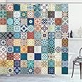 ABAKUHAUS Moroccan Shower Curtain, Patchwork Pattern Different Colorful Original Tunisian, Cloth Fabric Bathroom Decor Set with Hooks, 78 Inches, Multicolor