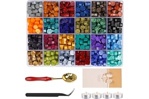 MICTER 24 colores Sello Lacre Kit, 600+pcs Cera Lacre Cuentas de Cera de Sellado con Caja de almacenamiento, 4 Velas de Té y 1 Cuchara y 1 Pinzas, para Invitaciones de Boda, Sellar y Decorar Cartas-I