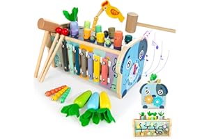 KIDWILL 7 in 1 Holz Hammer Spielzeug, Montessori Spielzeug ab 2 3 4 Jahre, Klopfspiel mit Xylophon Zahl-Labyrinth Uhr Zahnräder Karottenernte Specht fängt Würmer Magnetspiel für Kinder -Welpe Version