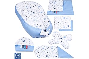 PaLulli 5-TLG Baby Ausstattung-Set Kuschelnest Babynest 95x55cm Baby-Matratze Kuscheldecke Flachkissen Babybett 100% Baumwolle Hypoallergisch Für 0-8 Monate Kopfkissen Milkyway Blau