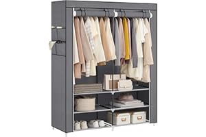SONGMICS Armario de Ropa, Armario de Tela Portátil, 45 x 127 x 176 cm, 2 Barras de Colgar, Estantes y 4 Bolsillos Laterales, Espacioso para Dormitorio, Salón, Gris RYG008G02