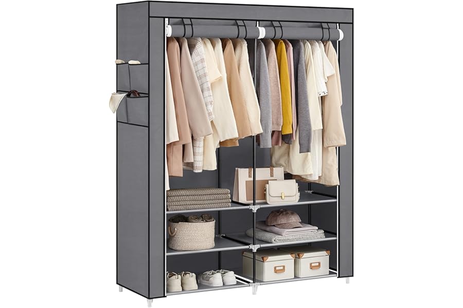 SONGMICS Clothes Wardrobe, Portable Closet, 45 x 127 x 176 cm, 2 Hanging Rails, Shelves, and 4 Side Pockets, Large Capacity for Bedroom, Living Room, Grey RYG008G02
