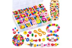 Dawumin träpärlor för barn från 4 år, pärlor för armband, pysselset med blommor, djur och makronfärgade pärlor inklusive snör