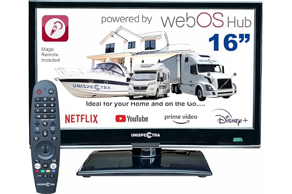 Unispectra ® 16” 12v Smart TV (webOS) + Magic Remote, ELED Full HD 230v 24v 12v TV, Triple Tuner DVB-T2/S2/C. 3xHDMI, 2xUSB. 12V TV-apparater för husbilar, husvagns-TV, lastbilar, båtar