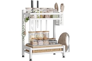 NETEL Wielofunkcyjny regał na przyprawy, stojący, 2 poziomy, nierdzewny stojak na przyprawy, regał kuchenny, organizer na blat roboczy, z uchwytem na przybory, uchwytem na deskę do krojenia,