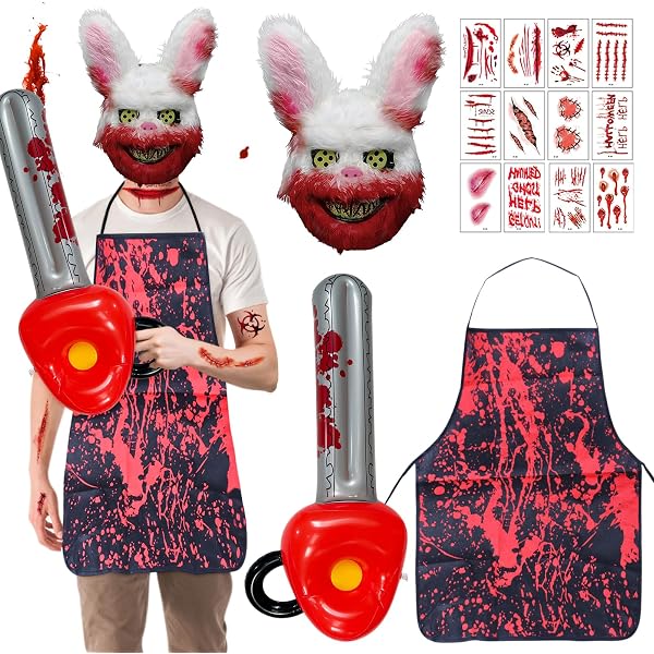 Costume Boucher D'Halloween Homme - Tablier Sanglant, Masque Horreur, Couperet, Gants - Déguisement Carnaval Effrayant