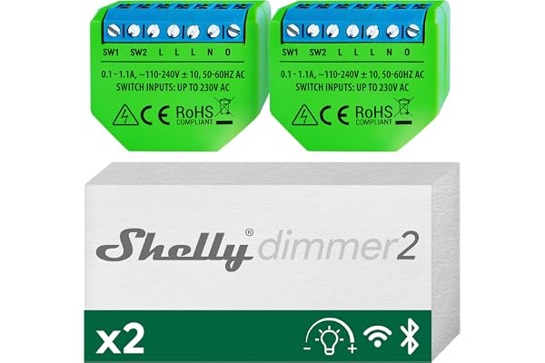 Shelly Dimmer 2, Interruttore Varialuce Senza Fili, Confezione de 2, Wi-Fi, Nessun Hub o Neutro richiesto, Domotica, Compatib