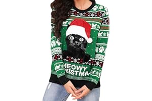 Jezonga Jersey Navideño para Mujer Suéter navideño Feo para Mujer Suéter Rojo con Cuello Redondo para Mujer Funny Cat