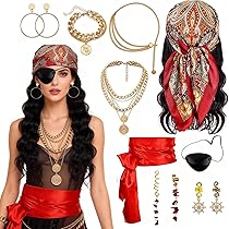 Hifot 4 stuks piraat accessoires voor volwassenen, kinderen, vintage ketting, hoepel oorbellen, piraat oogpatches, rode bandana, piraat kostuum set voor Halloween