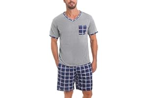 Aseniza Pyjama Homme Coton Ete Ensembles de Pyjama Court à Manches Courtes Short Été Tenues de Nuit Vêtements de Nuit Eté Vêtement d'Intérieur Vêtements de Détente Doux Loungewear