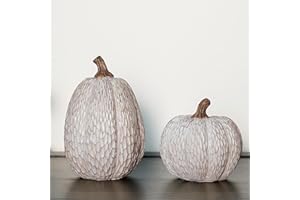 DN DECONATION Kürbis Deko 2er Set – Herbstdeko Kürbis Figuren aus Harz in Braun & Weiß – Deko Kürbisse für Wohnzimmer Tischdeko Halloween Deko Innen Herbstdekorationen