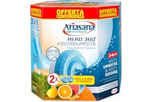 Ariasana Assorbiumidità Aero 360° Tab Agrumi Bipack, 1 Deumidificatore e 2 Tab 450g al profumo di agrumi, Assorbiumidità per la circolazione dell'aria, Deumidificatore casa contro l'umidità