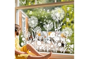 wondever White Dandelion Flower Window Clings Spring Summer Wildflower Flying Butterflies Glass Sticker Decal Anti Collision Double-Side Static Window Stickers for Home Glass