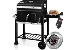 KESSER® Parilla de Carbón con Carrito Grill con Tapa, Ruedas, Mango de Acero Inoxidable | Barbacoa y Termómetro Carbón Grande