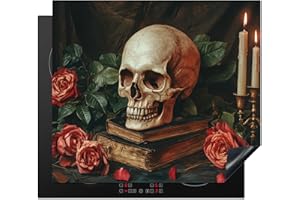 KitchenYeah© Protege Plaque Tapis Pour Induction 60x52 cm Deco Cuisine Protection Vitrocéramique Pour Cuisiniere Squelette - Bougies - Roses - Tête de Mort - Livres - Chandelier
