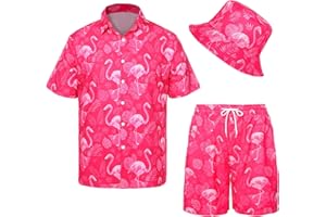 HARSEVER Men's Hawaiian Shirt and Shorts Set Casual Funky Beach Flamingo Shirt Set Beach Party Shirts Suits with Bucket Hat