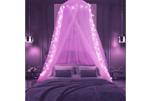HEYCOLOR Pink Bed Canopy with Lights for Girls Bedroom Decoration, Princess Canopy Bed Curtains with 100 LED Star Pink Lights, USB Powered Dome Netting Tent, Gifts for Girl Women, Single to King Size Bed