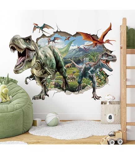 Autocollant Mural Vinyle 3D WindowScape T-Rex Vs Triceratops - Décor Dinosaure Amovible