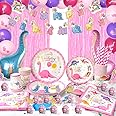 Pink Dinosaur Birthday Party Decoration Tableware Set Supplies for Kids Dino Theme - Serves 20, Including Plates, Cups, Napkins, Straws, Banner, Tablecloth, Foil Curtains, Foil Balloons