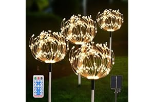 ACAJOE Solar Garden Fairy Lights 4 Pack 120 LED 30 Copper Wire Outdoor Firework Landscape Path String Lights Waterproof 8 Lighting Modes Remote Control for Backyard Christmas Party Decorative