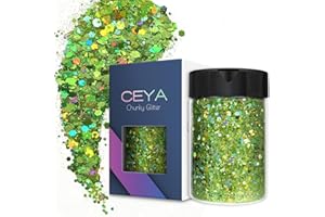 Ceya Holographic Chunky Glitter, 3.5oz/ 100g Light Green Craft Glitter Powder Mixed Chunky & Fine Flakes Iridescent Nail Sequins for Nail, Hair, Epoxy Resin, Tumblers, Slime, Painting, Festival Decor
