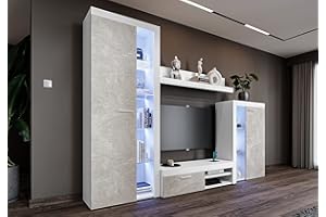 Furnix Wohnwand RIVAY Mediawand Betonoptik Wohnzimmer 4-TLG Komplett-Set mit LED - TV Lowboard, Highboard Vitrine, Wandregal - Modern Freistehend - B 270 x H 190 x T 40,2 cm, Farbe Weiß/Beton