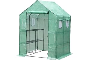 Fiqops Foliengewächshaus Gewächshaus mit 8 Regalen und Fliegengitter, Gewächshaus Garten 143x143x195CM, Foliengewächshaus Winterfest und Wasserdicht, Gartengewächshäuser, Grün