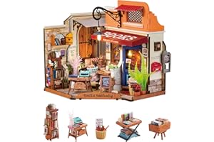 Rolife Doll House Corner Bookstore with LED Lights DIY Miniature House Kit Dollhouse Wooden Model Kit with Furniture 3D Puzzles for Children and Adults