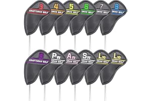 Craftsman Golf 12pcs or 1pc Black Synthetic Leather Golf Iron Head Covers Set Headcover with Colorful Number Embroideried For Callaway, Ping, Taylormade, Cobra For Right and Left Handed Golfer