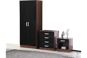 AFN Home Gladini High Gloss 3 Piece Bedroom Furniture Set - Includes Wardrobe, 4 Drawer Chest, Bedside Cabinet (Black/Walnut)