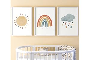 Eviepops Prints Lot de 3 impressions sans cadre, Décoration chambre d'enfant style arc-en-ciel, Art mural pour enfants, Art de style bohème, Soleil Arc-en-ciel nuage de pluie (A4)