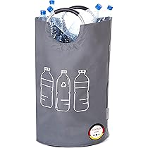SONGMICS RRB513G01 Verzamelcontainer voor statiegeldflessen, 135 liter, flessenverzamelaar, lege inhoud, recyclingcontainer, met gat, deksel, binnenzak met handgrepen, keuken, leigrijs-natuurlijk