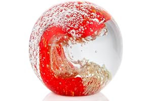 MOVDYKA Hand Blown 3.1" Crystal Waves Ball Sea Glass Art Gifts for Women Men Ocean Figurines Decor Paperweight Coastal Decor for Home Aquarium Sphere Ornaments (Red)
