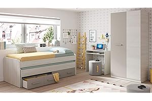 Miroytengo Habitación Juvenil o Infantil Completa con Somier Incluido en Color Blanco Alpes y Basalto (Cama Nido+Armario+Escritorio)