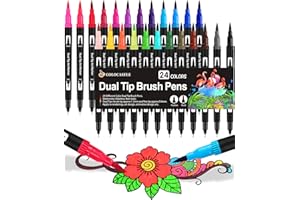 COLOCASTLE Rotuladores Lettering Brush Pen, 24 Colores, Acuarelables Marcadores para Adultos, Bullet Journal, Caligrafía, Libros para Colorear, Arte Dibujo Punta Pincel 1-2mm y Punta Fina 0.4mm